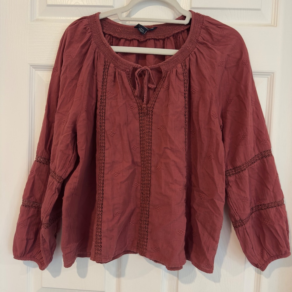 American Eagle Terracotta Rose Cotton Embroidered Lace Trim Peasant Blouse M